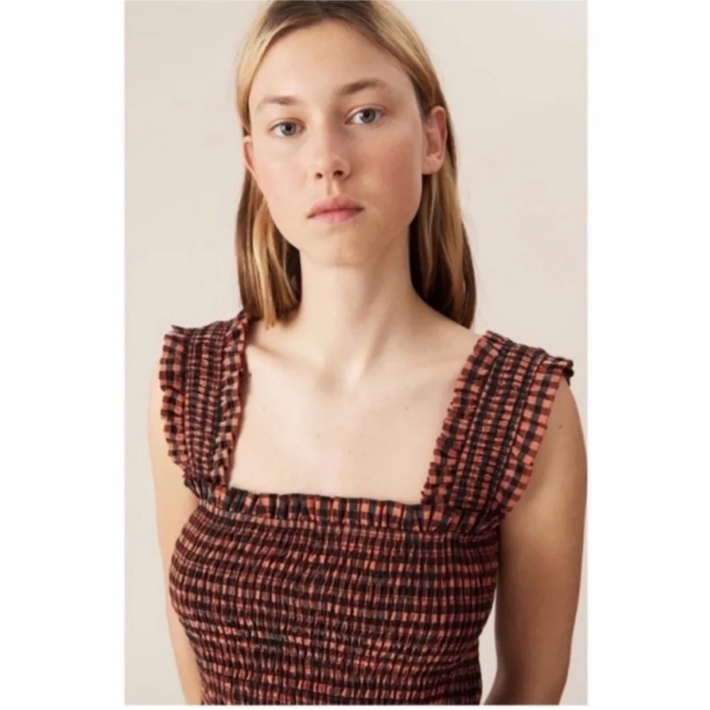 Ganni Dress Seersucker Midi Smocked in Flame Check Red